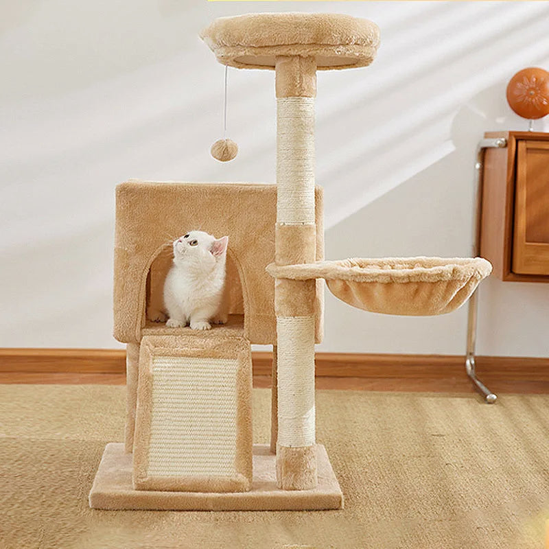 132- Cat Tree Luxury Cat Towers with Double Condos Spacious Perch Cat Hammock Fully Wrapped Scratching Sisal Post and Dangling Balls