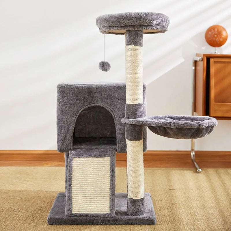 132- Cat Tree Luxury Cat Towers with Double Condos Spacious Perch Cat Hammock Fully Wrapped Scratching Sisal Post and Dangling Balls