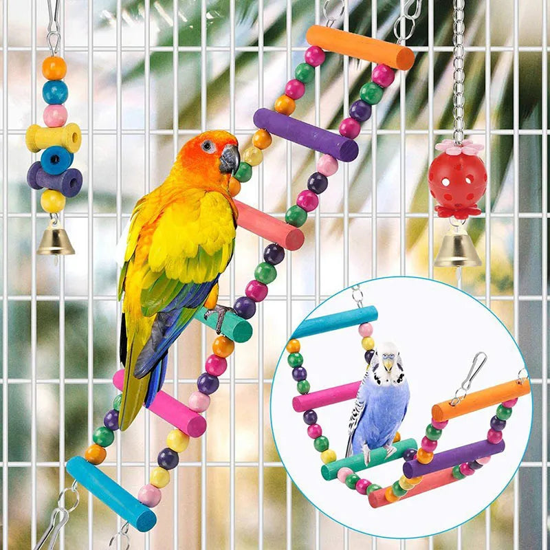 12Pcs Bird Cage Toys for Parrots Wood Birds Swing Reliable Chewable Bite Bridge Wooden Beads Shape Parrot Toy Colorful Funny Toy