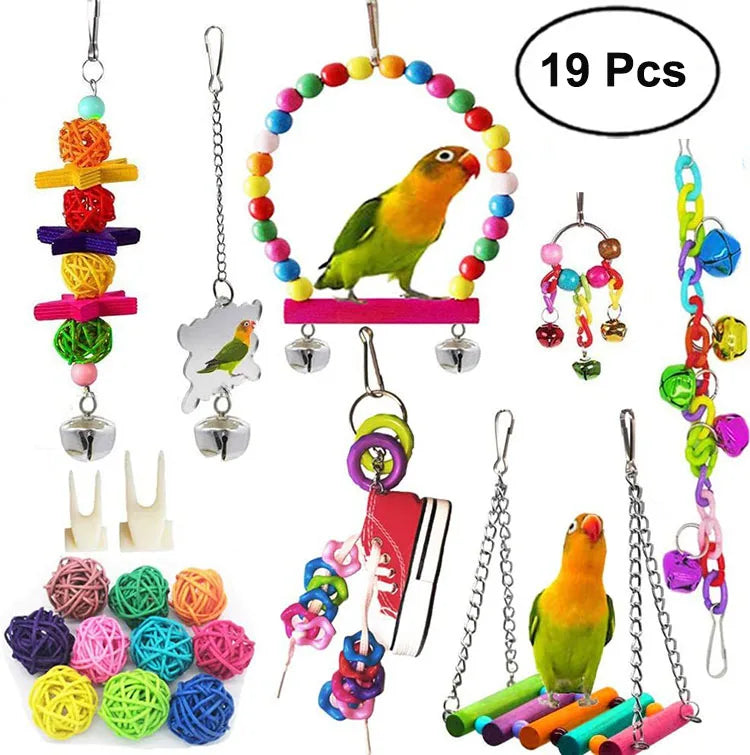 12Pcs Bird Cage Toys for Parrots Wood Birds Swing Reliable Chewable Bite Bridge Wooden Beads Shape Parrot Toy Colorful Funny Toy