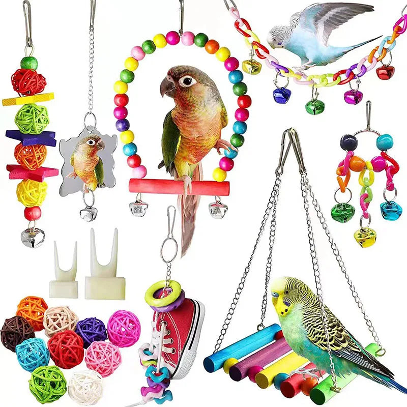 12Pcs Bird Cage Toys for Parrots Wood Birds Swing Reliable Chewable Bite Bridge Wooden Beads Shape Parrot Toy Colorful Funny Toy