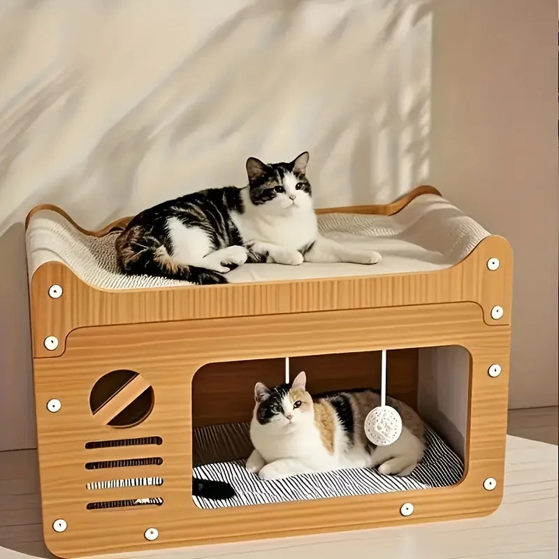 130- Large Indoor Cat House with Scratching Post, Durable Structure, Suitable for Cats to Rest and Play